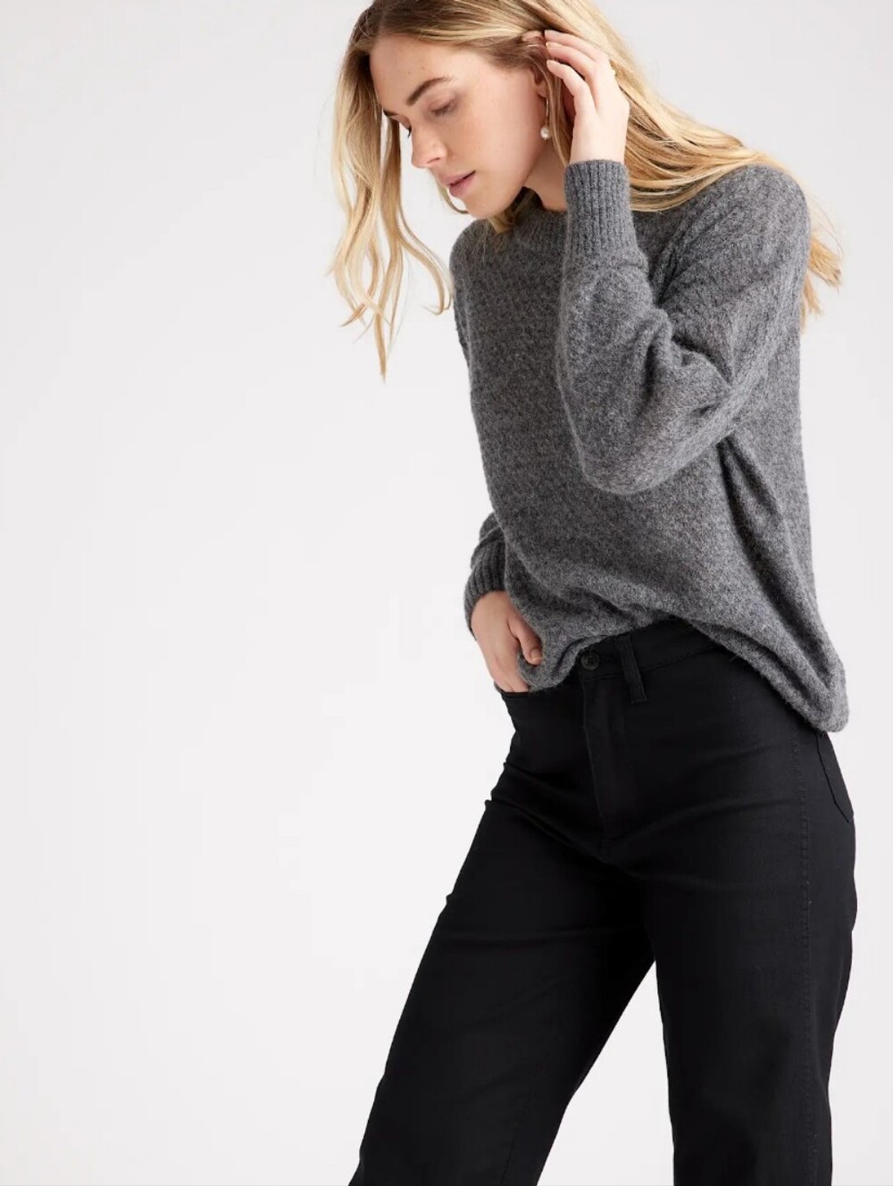 Quince Baby Alpaca Wool Diamond Stitch Crew Grey Knit Sweater - Classic Crewneck